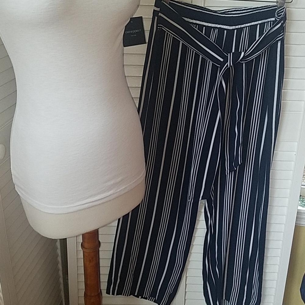 NWT CYNTHIA ROWLEY NAVY/WHITE STRIPED PIMA COTTON PANTS W/ELASTIC BANDIN…